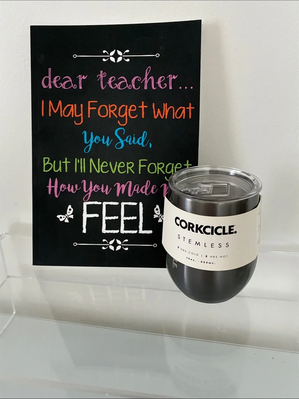 Corkcicle Stemless Tumbler in Black and Silver with journal